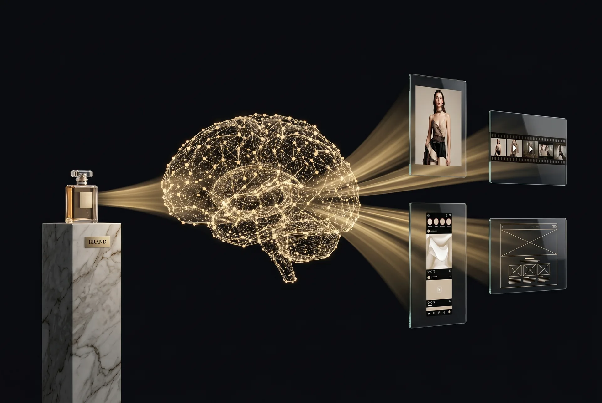 Connected AI workflow linking brand inputs, decisions and digital systems