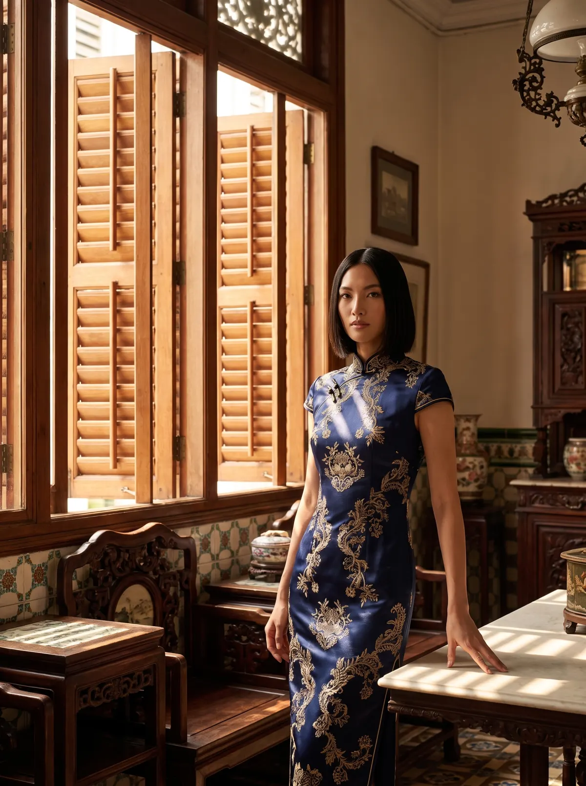 Full-length cheongsam fashion campaign with the garment and embroidery clearly visible